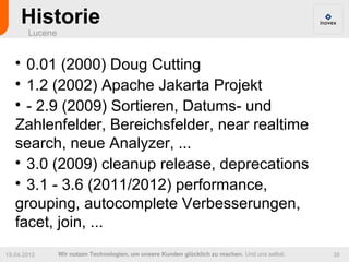 Historie
       Lucene


   
     0.01 (2000) Doug Cutting
   
     1.2 (2002) Apache Jakarta Projekt
   
     - 2.9 (2009) Sortieren, Datums- und
   Zahlenfelder, Bereichsfelder, near realtime
   search, neue Analyzer, ...
   
     3.0 (2009) cleanup release, deprecations
   
     3.1 - 3.6 (2011/2012) performance,
   grouping, autocomplete Verbesserungen,
   facet, join, ...
19.04.2012      Wir nutzen Technologien, um unsere Kunden glücklich zu machen. Und uns selbst.   30
 