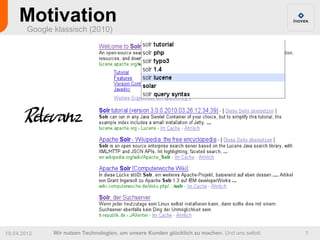 Motivation
        Google klassisch (2010)




       Relevanz



19.04.2012     Wir nutzen Technologien, um unsere Kunden glücklich zu machen. Und uns selbst.   7
 