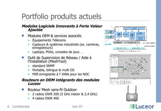 Portfolio produits actuels Modules Logiciels Innovants à Forte Valeur Ajoutée Modules OEM & services associés Équipements Télécoms Capteurs & systèmes industriels (ex. caméras, enregistreurs) Laptops, PDAs, consoles de jeux … Outil de Supervision de Réseau / Aide à l’Installation (MeshTool) standard SNMP Portable, bilingue & multi OS MIB enregistrée à l’ IANA pour les NOC Routeurs en ODM intégrants des modules Luceor Routeur Mesh sans-fil Outdoor 2 radios OWR 200 (5 GHz indoor & 2,4 GHz) 4 radios OWR 400 