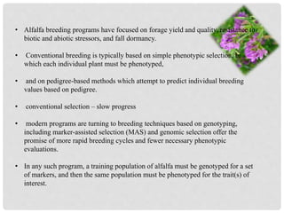 • Alfalfa breeding programs have focused on forage yield and quality, resistance to
biotic and abiotic stressors, and fall dormancy.
• Conventional breeding is typically based on simple phenotypic selection, in
which each individual plant must be phenotyped,
• and on pedigree-based methods which attempt to predict individual breeding
values based on pedigree.
• conventional selection – slow progress
• modern programs are turning to breeding techniques based on genotyping,
including marker-assisted selection (MAS) and genomic selection offer the
promise of more rapid breeding cycles and fewer necessary phenotypic
evaluations.
• In any such program, a training population of alfalfa must be genotyped for a set
of markers, and then the same population must be phenotyped for the trait(s) of
interest.
 