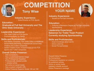 COMPETITION
Tony Wise
Industry Experience:
• Editor/Director at FOX Sports
Education:
Graduate at Full Sail University and The
Ohio State University
Leadership Experience:
• Film Video Editor at FOX Sports
• Promotions Editor for Net
fl
ix
Skills and Pro
fi
ciencies:
• Avid Media Composer, Film Video Editor at All3Media
• Social Media Marketing, 3 experiences across bmp
creative and 3 other companies
• Adobe Creative Suite, 8 experiences across FOX
Sports and 7 other companies
YOUR NAME
Overall Online Presence:
• 238 Connections,
• Has a customized banner image
• Very Professional Headshot
• Professionally detailed pro
fi
le
• 1 detailed article
• Not active on social media
• Has a custom LinkedIn URL
• Online Presence Superior Grade 100 out 100
HEADSHOT HEADSHOT
Industry Experience:
• Student at Full Sail University
Education:
• Pursuing a Bachelors Degree at Full Sail University,
Sportscasting
Leadership Experience:
Salesman for Trailer Trash Product
Currently studying Sportscasting
Skills and Pro
fi
ciencies:
• Great knowledge about sports
• Active Listening
• Social Perceptiveness
Overall Online Presence:
No Connections
Professional Headshot on LinkedIn
No published articles
Active on social media
Updated LinkedIn account
Online Presence is average
 