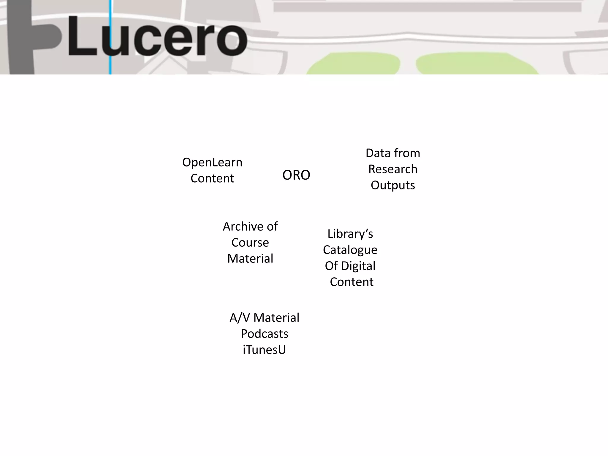 Data from 
OpenLearn
                    ORO          Research 
 Content
                                  Outputs


      Archive of 
                           Library’s
       Course 
                          Catalogue
       Material
                          Of Digital
                            Content

       A/V Material
         Podcasts
         iTunesU
 