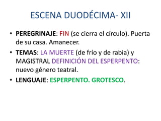 ESCENA DUODÉCIMA- XII
• PEREGRINAJE: FIN (se cierra el círculo). Puerta
de su casa. Amanecer.
• TEMAS: LA MUERTE (de frío y de rabia) y
MAGISTRAL DEFINICIÓN DEL ESPERPENTO:
nuevo género teatral.
• LENGUAJE: ESPERPENTO. GROTESCO.

 