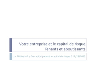 Votre entreprise et le capital de risque
Tenants et aboutissants
Luc Filiatreault / De capital patient à capital de risque / 11/29/2013

 
