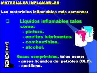 MATERIALES INFLAMABLES

Los materiales inflamables más comunes:

       Líquidos inflamables tales
        como:
         - pintura.
         - aceites lubricantes.
         - combustibles.
         - alcohol.

      Gases comprimidos, tales como:
        - gases licuados del petróleo (GLP).
        - acetileno.
 