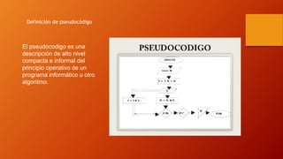 Definición de pseudocódigo
El pseudocodigo es una
descripción de alto nivel
compacta e informal del
principio operativo de un
programa informático u otro
algoritmo.
 