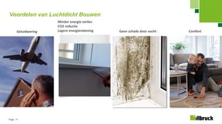 Page 17
Voordelen van Luchtdicht Bouwen
Geluidwering
Minder energie verlies
CO2 reductie
Lagere energierekening Geen schade door vocht Comfort
 