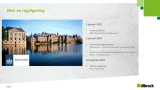 Page 8
Wet- en regelgeving
1 januari 2021
• Invoering BENG
(Bijna Energie Neutrale Gebouwen)
1 januari 2024
• Invoering Omgevingswet
(Bouwbesluit -> Besluit bouwwerken leefomgeving, Bbl)
• Invoering wet kwaliteitsborging voor het bouwen
(fase 1 = gevolgklasse 1)
24 augustus 2023
• REACH wetgeving
(PU-verordening)
 