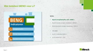 Page 9
Wat betekent BENG voor u?
BENG:
• Beperk energiebehoefte; schil = BENG 1
• Beperk fossiele energie; installaties = BENG 2
• Benut duurzame energie; opwekking = BENG 3
• NTA 8800
• qv;10 = onderdeel BENG 1
• qv;10 veelal 0,25 – 0,35
 