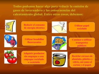 Todos podemos hacer algo para reducir la emisión de gases de invernadero y las consecuencias del calentamiento global. Entre otras cosas, debemos: Reducir el consumo de energía eléctrica Utilizar bombillas fluorescentes Adquirir productos sin empaque o con empaque reciclado o reciclable Utilizar papel reciclado Caminar o utilizar transportes públicos Reciclar envases de aluminio, plástico y vidrio, así como el cartón y el papel. 