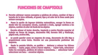 FUNCIONES DE CMAPTOOLS
 Permite adicionar nuevos conceptos y palabras de enlace, cambiar el tipo y
tamaño de la letra utilizada, el grosor, tipo y el color de la línea usada para
enlazar conceptos.
 Posee la opción de ingresar símbolos matemáticos, escoger la forma en
donde irán los conceptos: círculo, cuadrado u óvalo, agregar sombras a los
objetos, cambiar el color de fondo de los objetos
 Permite alinear el texto: derecha, izquierda o centro Permite exportar el
trabajo en forma de imagen, documento PDF, formato SVG y PostScript,
página web, archivo XML.
 se puede guardar como un esquema de cmap, documento de Life Map o
proposiciones como texto. Permite ver una presentación preliminar del
esquema.
 Desde la pestaña Edición, es posible: – deshacer y rehacer los últimos
cambios. – copiar, pegar, cortar y borrar objetos. – Copiar todo, seleccionar
todos los conceptos, palabras de enlace o conexiones. – seleccionar todo o
seleccionar con lazo. – encontrar objetos.
 