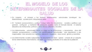  En conjunto, el contexto y los factores determinantes estructurales constituyen los
determinantes sociales de la inequidad en salud.
 El "contexto socioeconómico y político" incluye todos los mecanismos sociales y políticos que
generan, configuran y mantienen las jerarquías sociales, como el mercado laboral, el sistema
educativo, las instituciones políticas y otros valores culturales y sociales.
 Los determinantes estructurales tienen su origen en las instituciones y mecanismos clave del
contexto socioeconómico y político. Los estratificadores estructurales más importantes y sus
responsables más cercanos son ingresos, educación, ocupación, clase social, género y raza/etnia.
 Los determinantes sociales subyacentes de inequidades en salud operan a través de un conjunto
de los determinantes intermediarios de salud para formar resultados en la salud de la población.
 