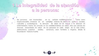 las personas son reconocidas en su carácter multidimensional como seres
biopsicosociales, inmersos en un complejo sistema de relaciones políticas, sociales,
culturales y ecobiológicas. la atención de salud no se reduce a la atención de
enfermedades motivo de consulta en los establecimientos de salud, sino que aborda las
diversas necesidades de salud de las personas en cada etapa de su vida (niñez,
adolescencia, juventud, adultez, senectud), sean hombres o mujeres, desde la
fecundación hasta la muerte.
.
 