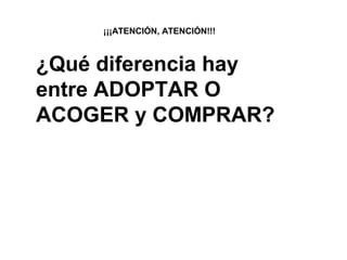 ¡¡¡ATENCIÓN, ATENCIÓN!!!
¿Qué diferencia hay
entre ADOPTAR O
ACOGER y COMPRAR?