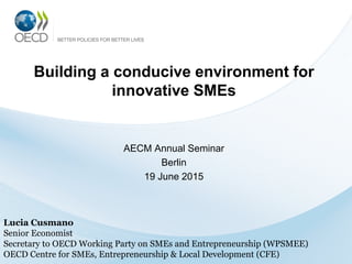 AECM Annual Seminar
Berlin
19 June 2015
Building a conducive environment for
innovative SMEs
Lucia Cusmano
Senior Economist
Secretary to OECD Working Party on SMEs and Entrepreneurship (WPSMEE)
OECD Centre for SMEs, Entrepreneurship & Local Development (CFE)
 