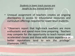 Students in lower track courses aretaught by less trained teachersUnequal assignment of teachers creates an ongoing discrepancy in access to educational resources and curriculum offerings required for lower-level students.“Observers report that high-track teachers are more enthusiastic and spend more time preparing.  Teachers may compete for the opportunity to teach honors and accelerated classes and those with more experience or better reputations tend to win the privilege” (Gamoran, 1992).