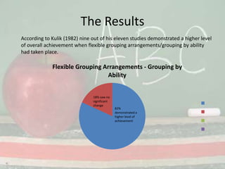 The ResultsAccording to Kulik (1982) nine out of his eleven studies demonstrated a higher level of overall achievement when flexible grouping arrangements/grouping by ability had taken place.