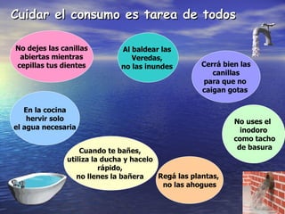 Cuidar el consumo es tarea de todos No dejes las canillas abiertas mientras  cepillas tus dientes Cuando te bañes,  utiliza la ducha y hacelo  rápido,  no llenes la bañera  Cerrá bien las canillas  para que no  caigan gotas   No uses el  inodoro como tacho de basura Regá las plantas,  no las ahogues Al baldear las  Veredas,  no las inundes   En la cocina hervir solo  el agua necesaria 