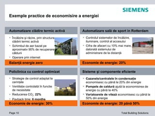 Page  Policlinica cu control optimizat Strategie de control adaptat la cerinţele Ventilaţie controlată în functie de necesitate Reducerea  CO 2 :  22% Payback time:  6 months E conomie de energie : 30% Automatizare sală de sport in  Rotterdam Controlul sistemelor de încălzire, iluminare, control al accesului Cifra de afaceri cu 10% mai mare, datorată sistemului de administrare de la distanţă E conomie de energie : 20% Sisteme şi componente eficiente Cazanele/centralele în condensaţie  economisesc cu până la 20% din energie Pompele de caldură  ajută la economisirea de energie cu până la 40% Variatoarele de viteză  economisesc cu până la 50% din energie E conomie de energie : 20  până  50% Automatizare clădire termic activă Încălzire şi răcire, prin structura clădirii termic activă Schimbul de aer bazat pe aproximativ 90% de recuperare a căldurii Operare prin internet Balanţă energie zero Exemple practice de economisire a energiei 