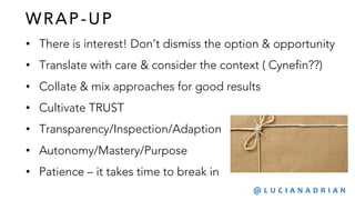 W RAP- UP
• There is interest! Don’t dismiss the option & opportunity
• Translate with care & consider the context ( Cynefin??)
• Collate & mix approaches for good results
• Cultivate TRUST
• Transparency/Inspection/Adaption
• Autonomy/Mastery/Purpose
• Patience – it takes time to break in
@ L U C I A N A D R I A N
 