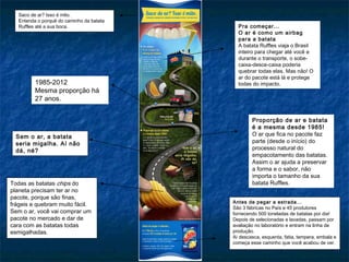 Saco de ar? Isso é mito.
   Entenda o porquê do caminho da batata
   Ruffles até a sua boca.                   Pra começar...
                                             O ar é como um airbag
                                             para a batata
                                             A batata Ruffles viaja o Brasil
                                             inteiro para chegar até você e
                                             durante o transporte, o sobe-
                                             caixa-desce-caixa poderia
                                             quebrar todas elas. Mas não! O
                                             ar do pacote está lá e protege
          1985-2012                          todas do impacto.
          Mesma proporção há
          27 anos.


                                                   Proporção de ar e batata
                                                   é a mesma desde 1985!
  Sem o ar, a batata                               O ar que fica no pacote faz
  seria migalha. Aí não                            parte (desde o início) do
  dá, né?                                          processo natural do
                                                   empacotamento das batatas.
                                                   Assim o ar ajuda a preservar
                                                   a forma e o sabor, não
                                                   importa o tamanho da sua
Todas as batatas chips do                          batata Ruffles.
planeta precisam ter ar no
pacote, porque são finas,
                                           Antes de pegar a estrada...
frágeis e quebram muito fácil.
                                           São 3 fábricas no País e 45 produtores
Sem o ar, você vai comprar um              fornecendo 500 toneladas de batatas por dia!
pacote no mercado e dar de                 Depois de selecionadas e lavadas, passam por
cara com as batatas todas                  avaliação no laboratório e entram na linha de
esmigalhadas.                              produção.
                                           Aí descasca, esquenta, fatia, tempera, embala e
                                           começa esse caminho que você acabou de ver.
 