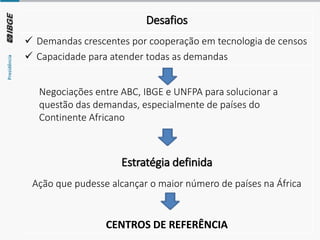 Desafios
✓ Demandas crescentes por cooperação em tecnologia de censos
✓ Capacidade para atender todas as demandas
Negociações entre ABC, IBGE e UNFPA para solucionar a
questão das demandas, especialmente de países do
Continente Africano
Estratégia definida
Ação que pudesse alcançar o maior número de países na África
CENTROS DE REFERÊNCIA
 