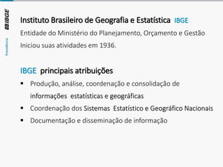 Instituto Brasileiro de Geografia e Estatística IBGE
Entidade do Ministério do Planejamento, Orçamento e Gestão
Iniciou suas atividades em 1936.
IBGE principais atribuições
▪ Produção, análise, coordenação e consolidação de
informações estatísticas e geográficas
▪ Coordenação dos Sistemas Estatístico e Geográfico Nacionais
▪ Documentação e disseminação de informação
 