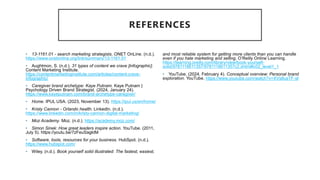 REFERENCES
• 13-1161.01 - search marketing strategists. ONET OnLine. (n.d.).
https://www.onetonline.org/link/summary/13-1161.01
• Aughtmon, S. (n.d.). 31 types of content we crave [infographic].
Content Marketing Institute.
https://contentmarketinginstitute.com/articles/content-crave-
infographic/
• Caregiver brand archetype: Kaye Putnam. Kaye Putnam |
Psychology Driven Brand Strategist. (2024, January 24).
https://www.kayeputnam.com/brand-archetype-caregiver/
• Home. IPUL USA. (2023, November 13). https://ipul.us/en/home/
• Kristy Cannon - Orlando health. LinkedIn. (n.d.).
https://www.linkedin.com/in/kristy-cannon-digital-marketing/
• Moz Academy. Moz. (n.d.). https://academy.moz.com/
• Simon Sinek: How great leaders inspire action. YouTube. (2011,
July 5). https://youtu.be/7zFeuSagktM
• Software, tools, resources for your business. HubSpot. (n.d.).
https://www.hubspot.com/
• Wiley. (n.d.). Book yourself solid illustrated: The fastest, easiest,
and most reliable system for getting more clients than you can handle
even if you hate marketing and selling. O’Reilly Online Learning.
https://learning.oreilly.com/library/view/book-yourself-
solid/9781118611357/9781118611357c2.xhtml#c02_level1_1
• YouTube. (2024, February 4). Conceptual overview: Personal brand
exploration. YouTube. https://www.youtube.com/watch?v=XVs8usTF-sI
 