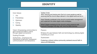 IDENTITY
Core Values:
1. Joy
2. Friendships
3. Optimism
4. Caring
5. Stability
Vision: Empowering communities to
get to know true faith in Jesus
through digital connections.
Guiding Principle:
Authenticity - emphasize the
importance of genuine, transparent
communication in all interactions.
Passion:
Bridging the gap between faith and technology by utilizing digital
marketing as a tool
Superpower:
Fostering a vibrant online community centered around faith in
Jesus and fellowship.
Golden Circle:
Why? Serving and sharing who God is to more people as well as
ensuring that the church stays relevant in the digital world we live in.
How? Directly contribute to the church’s social media management
and implement the latest digital media strategies.
What? Digital marketing for the church’s online presence with
impactful messages that align with what the Bible teaches.
 