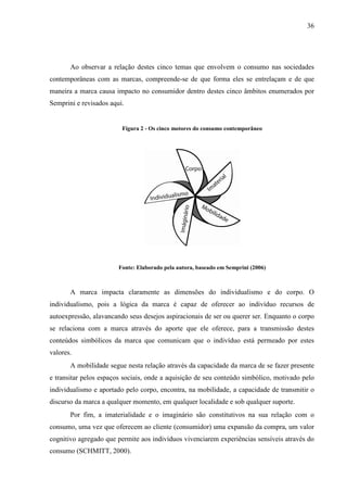 36
Ao observar a relação destes cinco temas que envolvem o consumo nas sociedades
contemporâneas com as marcas, compreende-se de que forma eles se entrelaçam e de que
maneira a marca causa impacto no consumidor dentro destes cinco âmbitos enumerados por
Semprini e revisados aqui.
Figura 2 - Os cinco motores do consumo contemporâneo
Fonte: Elaborado pela autora, baseado em Semprini (2006)
A marca impacta claramente as dimensões do individualismo e do corpo. O
individualismo, pois a lógica da marca é capaz de oferecer ao indivíduo recursos de
autoexpressão, alavancando seus desejos aspiracionais de ser ou querer ser. Enquanto o corpo
se relaciona com a marca através do aporte que ele oferece, para a transmissão destes
conteúdos simbólicos da marca que comunicam que o indivíduo está permeado por estes
valores.
A mobilidade segue nesta relação através da capacidade da marca de se fazer presente
e transitar pelos espaços sociais, onde a aquisição de seu conteúdo simbólico, motivado pelo
individualismo e aportado pelo corpo, encontra, na mobilidade, a capacidade de transmitir o
discurso da marca a qualquer momento, em qualquer localidade e sob qualquer suporte.
Por fim, a imaterialidade e o imaginário são constitutivos na sua relação com o
consumo, uma vez que oferecem ao cliente (consumidor) uma expansão da compra, um valor
cognitivo agregado que permite aos indivíduos vivenciarem experiências sensíveis através do
consumo (SCHMITT, 2000).
 