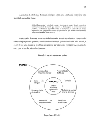 47
A estrutura da identidade da marca distingue, ainda, uma identidade essencial e uma
identidade expandida. Onde:
A identidade nuclear – a essência central e atemporal da marca – é mais passível de
continuar constante à medida que a marca se desloca para os novos mercados e
produtos. A identidade expandida inclui os elementos da identidade da marca,
organizados em agrupamentos coesos e significativos que proporcionam textura e
integridade (AAKER, 1996:98-101).
A percepção da marca, como um todo integrado, permite aprofundar a compreensão
sobre cada perspectiva apontada, assim como as dimensões que as constituem. Para o autor, é
possível que uma marca se constitua sem precisar de todas estas perspectivas, ponderando,
entre elas, as que lhe são mais relevantes.
Figura 3 - A marca é mais que um produto
Fonte: Aaker (1996:86)
Marca
PRODUTO
Âmbito
Atributos
Qualidade
Usos
País de
Origem
Representação
do Usuário
Benefícios de
Autoexpressão
Benefícios
Emocionais
Relacionamentos
marca-clientes
Símbolo
Personalidade
da Marca
Associações
Organizacionais
 