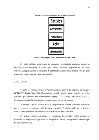 54
Figura 5 - Os cinco módulos do marketing experimental
Fonte: Elaborado pela autora, baseado em Schmitt (2001)
Os cinco módulos estratégicos do marketing experimental procuram dividir as
experiências em categorias diferentes para, assim, formular campanhas de marketing
sensorial. A seguir, detalha-se a estrutura de cada módulo, bem como a maneira com que cada
uma dessas categorias pode afetar o consumidor.
2.7.1.1 Sentidos
O apelo aos sentidos propõe a “experimentação sensível de empresas ou marcas”
(SCHMITT; SIMONSON, 2000:33) através da cognição sensível: visão, audição, tato, olfato
e paladar, que “contribui para a identidade da empresa” (SCHMITT; SIMONSON, 2000:33).
Neste passo, há três objetivos estratégicos que podem motivar os sentidos:
Os sentidos como um diferenciador: as campanhas dos sentidos estimulam os sentidos
por novos meios e estratégias e dão destaque ao produto. A diferenciação faz vir à tona a
questão sobre quais deles são mais adequados para criar o apelo sensorial.
Os sentidos como motivadores: as campanhas dos sentidos podem motivar os
consumidores a experimentar produtos e a comprá-los. Deve-se cuidar para não sobrecarregá-
los ou desestimulá-los.
 