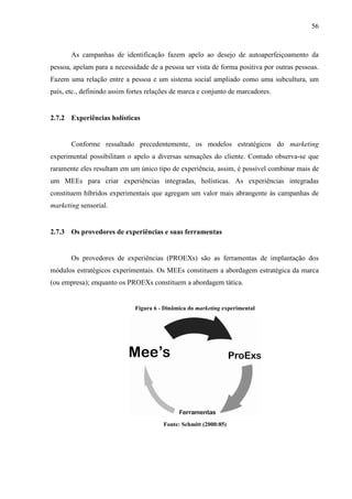 56
As campanhas de identificação fazem apelo ao desejo de autoaperfeiçoamento da
pessoa, apelam para a necessidade de a pessoa ser vista de forma positiva por outras pessoas.
Fazem uma relação entre a pessoa e um sistema social ampliado como uma subcultura, um
país, etc., definindo assim fortes relações de marca e conjunto de marcadores.
2.7.2 Experiências holísticas
Conforme ressaltado precedentemente, os modelos estratégicos do marketing
experimental possibilitam o apelo a diversas sensações do cliente. Contudo observa-se que
raramente eles resultam em um único tipo de experiência, assim, é possível combinar mais de
um MEEs para criar experiências integradas, holísticas. As experiências integradas
constituem híbridos experimentais que agregam um valor mais abrangente às campanhas de
marketing sensorial.
2.7.3 Os provedores de experiências e suas ferramentas
Os provedores de experiências (PROEXs) são as ferramentas de implantação dos
módulos estratégicos experimentais. Os MEEs constituem a abordagem estratégica da marca
(ou empresa); enquanto os PROEXs constituem a abordagem tática.
Figura 6 - Dinâmica do marketing experimental
Fonte: Schmitt (2000:85)
 