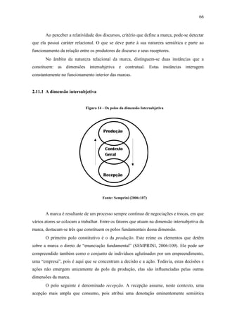 66
Ao perceber a relatividade dos discursos, critério que define a marca, pode-se detectar
que ela possui caráter relacional. O que se deve parte à sua natureza semiótica e parte ao
funcionamento da relação entre os produtores de discurso e seus receptores.
No âmbito da natureza relacional da marca, distinguem-se duas instâncias que a
constituem: as dimensões intersubjetiva e contratual. Estas instâncias interagem
constantemente no funcionamento interior das marcas.
2.11.1 A dimensão intersubjetiva
Figura 14 - Os polos da dimensão Intersubjetiva
Fonte: Semprini (2006:107)
A marca é resultante de um processo sempre contínuo de negociações e trocas, em que
vários atores se colocam a trabalhar. Entre os fatores que atuam na dimensão intersubjetiva da
marca, destacam-se três que constituem os polos fundamentais dessa dimensão.
O primeiro polo constitutivo é o da produção. Este reúne os elementos que detêm
sobre a marca o direto de “enunciação fundamental” (SEMPRINI, 2006:109). Ele pode ser
compreendido também como o conjunto de indivíduos aglutinados por um empreendimento,
uma “empresa”, pois é aqui que se concentram a decisão e a ação. Todavia, estas decisões e
ações não emergem unicamente do polo da produção, elas são influenciadas pelas outras
dimensões da marca.
O polo seguinte é denominado recepção. A recepção assume, neste contexto, uma
acepção mais ampla que consumo, pois atribui uma denotação eminentemente semiótica
Produção
Recepção
Contexto
Geral
 