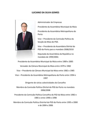 LUCIANO DA SILVA GOMES


                           Administrador de Empresas

                           Presidente da Assembleia Municipal da Maia

                           Presidente da Assembleia Metropolitana do
                           Porto

                           Vice – Presidente da Comissão Política da
                           Secção da Maia do PSD.

                           Vice – Presidente da Assembleia Ditrital do
                           PSD do Porto para o mandato 2008/2010

                           Deputada da Assembleia da República no
                           mandato de 1999/2002.

    Presidente da Assembleia Municipal da Maia entre 1989 e 2005

       Vereador da Câmara Municipal da Maia entre 1979 e 1982

   Vice – Presidente da Câmara Municipal da Maia entre 1982 e 1985

 Vice – Presidente da Assembleia Metropolitana do Porto entre 1994 e
                                1997

             Dirigente de várias colectividades do Concelho

   Membro da Comissão Política Ditrital do PSD do Porto no mandato
                            2006/2008

 Presidente da Comissão Política Concelhia do PSD da Maia entre 1982 e
                      1985 e entre 1990 e 1998

Membro da Comissão Política Distrital do PSD do Porto entre 1995 e 2000
                          e de 2004 a 2006
 