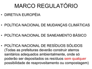MARCO REGULATÓRIO
• DIRETIVA EUROPÉIA

• POLÍTICA NACIONAL DE MUDANÇAS CLIMÁTICAS

• POLÍTICA NACIONAL DE SANEAMENTO BÁSICO

• POLÍTICA NACIONAL DE RESÍDUOS SÓLIDOS
  (Todas as prefeituras deverão construir aterros
  sanitários adequados ambientalmente, onde só
  poderão ser depositados os resíduos sem qualquer
  possibilidade de reaproveitamento ou compostagem)
 