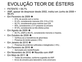 EVOLUÇÃO TEOR DE ÉSTERS
•   PATENTE = 59,7%
•   ANP, apesar de desprezar desde 2002, institui em Junho de 2008 =
    96,5%
•   Em Fevereiro de 2009 
        •   81%, de acordo com a norma
        •   81,4%, considerando menores (C8, C10 e C12)
        •   82,7%, considerando picos maiores que C24
        •   85%, considerando o C17 presente na amostra
        •   87,5%, considerando os três efeitos juntos
•   Em Agosto de 2009 
        • 84,7%, (ANP) e 90,3%, considerando menores e ímpares.
•   Em Outubro de 2009 
        • Verificou-se a inexistência de glicerídeos
        • Presença de ácidos graxos (~6%)
•   Em Janeiro de 2010 
        • Presença de proteínas sulforadas e betaglicatos (~4%) .
•   Em Fevereiro de 2010 
        • Aprovação pós reesterificação
•   Em Novembro de 2010  Reunião com ANP
•   Em Maio de 2011 
        • Testes de emissões, conforme sugestão da ANP
        • Envio de amostra para laboratório norte americano
 
