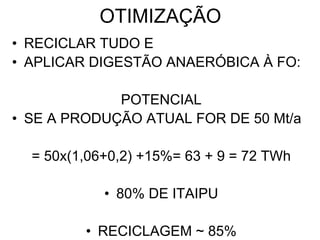 OTIMIZAÇÃO
• RECICLAR TUDO E
• APLICAR DIGESTÃO ANAERÓBICA À FO:

             POTENCIAL
• SE A PRODUÇÃO ATUAL FOR DE 50 Mt/a

  = 50x(1,06+0,2) +15%= 63 + 9 = 72 TWh

            • 80% DE ITAIPU

         • RECICLAGEM ~ 85%
 