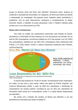 porque as técnicas ainda não foram bem definidas”. Buscamos assim, destacar as
evidências e discrepâncias encontradas, em categorias, de forma que facilite aos leitores
a interpretação da investigação. Na pesquisa foram coletados dados quantitativos e
qualitativos, com os quais descrevemos, analisamos e correlacionamos os dados,
buscando retratar a realidade do grupo pesquisado, sobre o trabalho realizado pelas
escolas com o Linux Educacional e as TICs.

Dados sobre a Infraestrutura

       Com base na análise dos questionários preenchidos pela Direção da Escola,
percebemos a confirmação da forte presença do Linux Educacional nas escolas. De um
total de 363 computadores, encontra-se instalado em 81% das escolas e em 221 (60%)
dos computadores. Identificou-se que 268 (74%) computadores foram distribuídos pelo
ProInfo, e 47 (18%) desses, tiveram o sistema operacional substituído pelo Windows,
conforme figura 02:




Figura 02 – Dados sobre a infraestrutura dos Laboratórios de Informática.
Fonte: Autoria própria.

       A internet está presente em 19 das 27 escolas. Os laboratórios foram implantados,
em média, há dois anos e sete meses, reflexo das ações do ProInfo Integrado, que
conforme Bielschowsky (2009), a partir de 2008 tem intensificado a distribuição de
computadores nas escolas públicas. Constatou-se que em 22% dos Laboratórios de
Informática existe menos de 8 computadores, sendo 11 a média desses equipamentos
por laboratório.
       De acordo com a Direção das escolas, os fatores que dificultam o uso dos
laboratórios de informática são citados na tabela 01:
 