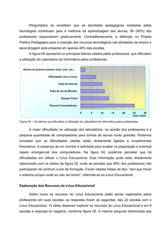 Perguntados se acreditam que as atividades pedagógicas mediadas pelas
tecnologias contribuem para a melhoria da aprendizagem dos alunos, 56 (98%) dos
professores responderam positivamente. Contraditoriamente, a definição no Projeto
Político Pedagógico para a inserção dos recursos tecnológicos nas atividades de ensino e
aprendizagem está presente em apenas 48% das escolas.
        A figura 04 apresenta os principais fatores citados pelos professores, que dificultam
a utilização do Laboratório de Informática pelos professores.


   Alunos só querem acessar ortuk, msn, etc...

                        Dificuldade com o Linux

                                Falta de Internet

                         Falta de um (a) Monitor

                                  Espaço Físico

                         Poucos Computadores

                                                    0      5       10       15       20       25        30
                                                                                              vezes citado

Figura 04 – Os fatores que dificultam a utilização do Laboratório de Informática pelos professores.

        A maior dificuldade na utilização dos laboratórios, na opinião dos professores é a
pequena quantidade de computadores para turmas de alunos muito grandes. Podemos
constatar que as dificuldades citadas estão diretamente ligadas a investimentos
financeiros. A presença de um monitor é solicitada para auxiliar na preparação e eventual
reparo emergencial dos computadores. Na figura 04, podemos perceber que há
dificuldades em utilizar o Linux Educacional. Esta informação pode estar diretamente
relacionada com os dados da figura 03, onde se percebe que 56% dos professores não
participaram de nenhum curso de formação. Foram citadas frases do tipo: “tem que trocar
o sistema porque neste eu não sei mexer”, referindo-se ao Linux Educacional.


Exploração dos Recursos do Linux Educacional

        Sobre como os recursos do Linux Educacional estão sendo explorados pelos
professores em suas escolas, as respostas foram as seguintes: das 22 escolas com o
Linux Educacional, 13 delas disseram explorar os recursos do Linux Educacional e em 9
escolas a resposta foi negativa, conforme figura 05. A mesma pergunta direcionada aos
 