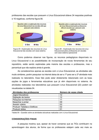 professores das escolas que possuem o Linux Educacional obteve 34 respostas positivas
e 16 negativas, conforme figura 06.

       Questão sobre a exploração dos recursos               Questão sobre a exploração dos recursos
       do Linux Educacional nas escolas (22) que              do Linux Educacional pelos professores
                 possuem este sistema                           (50) em escolas que possuem este
                                                                             sistema
                                                              32%
      41%




                                            59%                                              68%

                    Sim         Não                                       Sim         Não

 Figura 05 - Exploração dos recursos do Linux          Figura 06 – Exploração dos recursos do Linux
 Educacional das escolas com esse sistema.             Educacional pelos professores em escolas
                                                       com esse sistema operacional

       Como podemos observar nas figuras, os recursos pedagógicos disponíveis no
Linux Educacional e as possibilidades de incorporação de novas ferramentas de seu
repositório, estão sendo exploradas pela maioria das escolas e professores, mas o
percentual que não explora ainda é grande.
       Ao considerarmos apenas as escolas com o Linux Educacional, as atividades são
muito similares, porém pesquisar na internet deixa de ser a 1ª para ser a 3ª atividade mais
realizada no laboratório. Esse fato pode estar diretamente relacionado com as boas
opções de jogos e ferramentas educativas que já vêm disponíveis no sistema. As
atividades realizadas nos laboratórios que possuem Linux Educacional (22) podem ser
visualizadas na tabela 04.

 Atividades dos professores                                   Número de vezes citada
 Jogos Educativos                                             12
 Digitação de textos                                          12
 Pesquisa na Internet                                         11
 Desenhar e pintar                                            09
 Assistir vídeos                                              03
 Produzir Tabelas e Gráficos                                  02
 Produzir slides                                              01
Tabela 04 – Questão sobre as atividades educativas realizadas com o Linux Educacional.


CONSIDERAÇÕES FINAIS

       A pesquisa mostrou que, apesar de haver consenso que as TICs contribuem na
aprendizagem dos alunos, de forma que os professores estejam cada vez mais as
 
