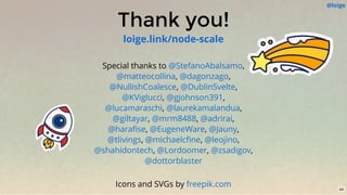 Thank you!
Special thanks to ,
, ,
, ,
, ,
, ,
, , ,
, , ,
, , ,
, , ,
Icons and SVGs by
@StefanoAbalsamo
@matteocollina @dagonzago
@NullishCoalesce @DublinSvelte
@KViglucci @gjohnson391
@lucamaraschi @laurekamalandua
@giltayar @mrm8488 @adrirai
@haraﬁse @EugeneWare @Jauny
@tlivings @michaelcﬁne @leojino
@shahidontech @Lordoomer @zsadigov
@dottorblaster
freepik.com
loige.link/node-scale
@loige
44
 