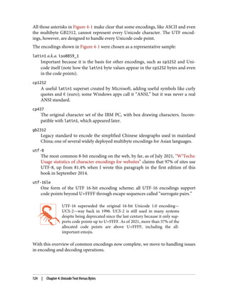 All those asterisks in Figure 4-1 make clear that some encodings, like ASCII and even
the multibyte GB2312, cannot represent every Unicode character. The UTF encod‐
ings, however, are designed to handle every Unicode code point.
The encodings shown in Figure 4-1 were chosen as a representative sample:
latin1 a.k.a. iso8859_1
Important because it is the basis for other encodings, such as cp1252 and Uni‐
code itself (note how the latin1 byte values appear in the cp1252 bytes and even
in the code points).
cp1252
A useful latin1 superset created by Microsoft, adding useful symbols like curly
quotes and € (euro); some Windows apps call it “ANSI,” but it was never a real
ANSI standard.
cp437
The original character set of the IBM PC, with box drawing characters. Incom‐
patible with latin1, which appeared later.
gb2312
Legacy standard to encode the simplified Chinese ideographs used in mainland
China; one of several widely deployed multibyte encodings for Asian languages.
utf-8
The most common 8-bit encoding on the web, by far, as of July 2021, “W3
Techs:
Usage statistics of character encodings for websites” claims that 97% of sites use
UTF-8, up from 81.4% when I wrote this paragraph in the first edition of this
book in September 2014.
utf-16le
One form of the UTF 16-bit encoding scheme; all UTF-16 encodings support
code points beyond U+FFFF through escape sequences called “surrogate pairs.”
UTF-16 superseded the original 16-bit Unicode 1.0 encoding—
UCS-2—way back in 1996. UCS-2 is still used in many systems
despite being deprecated since the last century because it only sup‐
ports code points up to U+FFFF. As of 2021, more than 57% of the
allocated code points are above U+FFFF, including the all-
important emojis.
With this overview of common encodings now complete, we move to handling issues
in encoding and decoding operations.
124 | Chapter 4: Unicode Text Versus Bytes
 