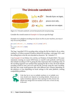 Figure 4-2. Unicode sandwich: current best practice for text processing.
Consider the console session in Example 4-8. Can you spot the bug?
Example 4-8. A platform encoding issue (if you try this on your machine, you may or
may not see the problem)
>>> open('cafe.txt', 'w', encoding='utf_8').write('café')
4
>>> open('cafe.txt').read()
'cafÃ©'
The bug: I specified UTF-8 encoding when writing the file but failed to do so when
reading it, so Python assumed Windows default file encoding—code page 1252—and
the trailing bytes in the file were decoded as characters 'Ã©' instead of 'é'.
I ran Example 4-8 on Python 3.8.1, 64 bits, on Windows 10 (build 18363). The same
statements running on recent GNU/Linux or macOS work perfectly well because
their default encoding is UTF-8, giving the false impression that everything is fine. If
the encoding argument was omitted when opening the file to write, the locale default
encoding would be used, and we’d read the file correctly using the same encoding.
But then this script would generate files with different byte contents depending on
the platform or even depending on locale settings in the same platform, creating
compatibility problems.
Code that has to run on multiple machines or on multiple occa‐
sions should never depend on encoding defaults. Always pass an
explicit encoding= argument when opening text files, because the
default may change from one machine to the next, or from one day
to the next.
132 | Chapter 4: Unicode Text Versus Bytes
 