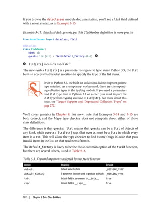 If you browse the dataclasses module documentation, you’ll see a list field defined
with a novel syntax, as in Example 5-15.
Example 5-15. dataclass/club_generic.py: this ClubMember definition is more precise
from dataclasses import dataclass, field
@dataclass
class ClubMember:
name: str
guests: list[str] = field(default_factory=list)
list[str] means “a list of str.”
The new syntax list[str] is a parameterized generic type: since Python 3.9, the list
built-in accepts that bracket notation to specify the type of the list items.
Prior to Python 3.9, the built-in collections did not support generic
type notation. As a temporary workaround, there are correspond‐
ing collection types in the typing module. If you need a parameter‐
ized list type hint in Python 3.8 or earlier, you must import the
List type from typing and use it: List[str]. For more about this
issue, see “Legacy Support and Deprecated Collection Types” on
page 272.
We’ll cover generics in Chapter 8. For now, note that Examples 5-14 and 5-15 are
both correct, and the Mypy type checker does not complain about either of those
class definitions.
The difference is that guests: list means that guests can be a list of objects of
any kind, while guests: list[str] says that guests must be a list in which every
item is a str. This will allow the type checker to find (some) bugs in code that puts
invalid items in the list, or that read items from it.
The default_factory is likely to be the most common option of the field function,
but there are several others, listed in Table 5-3.
Table 5-3. Keyword arguments accepted by the field function
Option Meaning Default
default Default value for field _MISSING_TYPEa
default_factory 0-parameter function used to produce a default _MISSING_TYPE
init Include field in parameters to __init__ True
repr Include field in __repr__ True
182 | Chapter 5: Data Class Builders
 