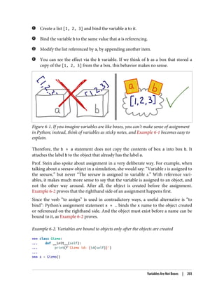 Create a list [1, 2, 3] and bind the variable a to it.
Bind the variable b to the same value that a is referencing.
Modify the list referenced by a, by appending another item.
You can see the effect via the b variable. If we think of b as a box that stored a
copy of the [1, 2, 3] from the a box, this behavior makes no sense.
Figure 6-1. If you imagine variables are like boxes, you can’t make sense of assignment
in Python; instead, think of variables as sticky notes, and Example 6-1 becomes easy to
explain.
Therefore, the b = a statement does not copy the contents of box a into box b. It
attaches the label b to the object that already has the label a.
Prof. Stein also spoke about assignment in a very deliberate way. For example, when
talking about a seesaw object in a simulation, she would say: “Variable s is assigned to
the seesaw,” but never “The seesaw is assigned to variable s.” With reference vari‐
ables, it makes much more sense to say that the variable is assigned to an object, and
not the other way around. After all, the object is created before the assignment.
Example 6-2 proves that the righthand side of an assignment happens first.
Since the verb “to assign” is used in contradictory ways, a useful alternative is “to
bind”: Python’s assignment statement x = … binds the x name to the object created
or referenced on the righthand side. And the object must exist before a name can be
bound to it, as Example 6-2 proves.
Example 6-2. Variables are bound to objects only after the objects are created
>>> class Gizmo:
... def __init__(self):
... print(f'Gizmo id: {id(self)}')
...
>>> x = Gizmo()
Variables Are Not Boxes | 203
 