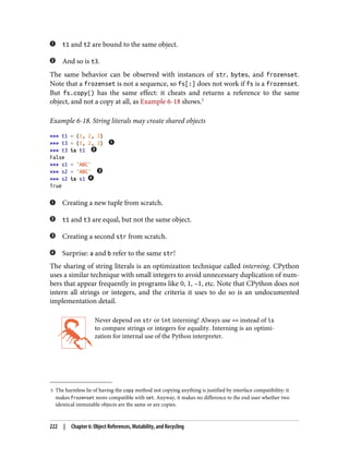 5 The harmless lie of having the copy method not copying anything is justified by interface compatibility: it
makes frozenset more compatible with set. Anyway, it makes no difference to the end user whether two
identical immutable objects are the same or are copies.
t1 and t2 are bound to the same object.
And so is t3.
The same behavior can be observed with instances of str, bytes, and frozenset.
Note that a frozenset is not a sequence, so fs[:] does not work if fs is a frozenset.
But fs.copy() has the same effect: it cheats and returns a reference to the same
object, and not a copy at all, as Example 6-18 shows.5
Example 6-18. String literals may create shared objects
>>> t1 = (1, 2, 3)
>>> t3 = (1, 2, 3)
>>> t3 is t1
False
>>> s1 = 'ABC'
>>> s2 = 'ABC'
>>> s2 is s1
True
Creating a new tuple from scratch.
t1 and t3 are equal, but not the same object.
Creating a second str from scratch.
Surprise: a and b refer to the same str!
The sharing of string literals is an optimization technique called interning. CPython
uses a similar technique with small integers to avoid unnecessary duplication of num‐
bers that appear frequently in programs like 0, 1, –1, etc. Note that CPython does not
intern all strings or integers, and the criteria it uses to do so is an undocumented
implementation detail.
Never depend on str or int interning! Always use == instead of is
to compare strings or integers for equality. Interning is an optimi‐
zation for internal use of the Python interpreter.
222 | Chapter 6: Object References, Mutability, and Recycling
 