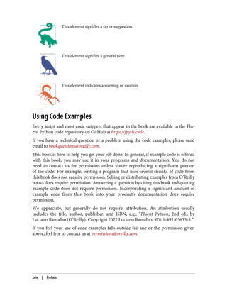 This element signifies a tip or suggestion.
This element signifies a general note.
This element indicates a warning or caution.
Using Code Examples
Every script and most code snippets that appear in the book are available in the Flu‐
ent Python code repository on GitHub at https://fpy.li/code.
If you have a technical question or a problem using the code examples, please send
email to bookquestions@oreilly.com.
This book is here to help you get your job done. In general, if example code is offered
with this book, you may use it in your programs and documentation. You do not
need to contact us for permission unless you’re reproducing a significant portion
of the code. For example, writing a program that uses several chunks of code from
this book does not require permission. Selling or distributing examples from O’Reilly
books does require permission. Answering a question by citing this book and quoting
example code does not require permission. Incorporating a significant amount of
example code from this book into your product’s documentation does require
permission.
We appreciate, but generally do not require, attribution. An attribution usually
includes the title, author, publisher, and ISBN, e.g., “Fluent Python, 2nd ed., by
Luciano Ramalho (O’Reilly). Copyright 2022 Luciano Ramalho, 978-1-492-05635-5.”
If you feel your use of code examples falls outside fair use or the permission given
above, feel free to contact us at permissions@oreilly.com.
xxiv | Preface
 