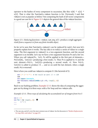 4 The sum, any, and all cover the most common uses of reduce. See the discussion in “Modern Replacements
for map, filter, and reduce” on page 235.
operator to the hashes of every component in succession, like this: v[0] ^ v[1] ^
v[2]. That is what the functools.reduce function is for. Previously I said that
reduce is not as popular as before,4
but computing the hash of all vector components
is a good use case for it. Figure 12-1 depicts the general idea of the reduce function.
Figure 12-1. Reducing functions—reduce, sum, any, all—produce a single aggregate
result from a sequence or from any finite iterable object.
So far we’ve seen that functools.reduce() can be replaced by sum(), but now let’s
properly explain how it works. The key idea is to reduce a series of values to a single
value. The first argument to reduce() is a two-argument function, and the second
argument is an iterable. Let’s say we have a two-argument function fn and a list lst.
When you call reduce(fn, lst), fn will be applied to the first pair of elements—
fn(lst[0], lst[1])—producing a first result, r1. Then fn is applied to r1 and the
next element—fn(r1, lst[2])—producing a second result, r2. Now fn(r2,
lst[3]) is called to produce r3 … and so on until the last element, when a single
result, rN, is returned.
Here is how you could use reduce to compute 5! (the factorial of 5):
>>> 2 * 3 * 4 * 5 # the result we want: 5! == 120
120
>>> import functools
>>> functools.reduce(lambda a,b: a*b, range(1, 6))
120
Back to our hashing problem, Example 12-11 shows the idea of computing the aggre‐
gate xor by doing it in three ways: with a for loop and two reduce calls.
Example 12-11. Three ways of calculating the accumulated xor of integers from 0 to 5
>>> n = 0
>>> for i in range(1, 6):
... n ^= i
...
412 | Chapter 12: Special Methods for Sequences
 