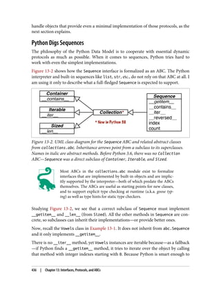 handle objects that provide even a minimal implementation of those protocols, as the
next section explains.
Python Digs Sequences
The philosophy of the Python Data Model is to cooperate with essential dynamic
protocols as much as possible. When it comes to sequences, Python tries hard to
work with even the simplest implementations.
Figure 13-2 shows how the Sequence interface is formalized as an ABC. The Python
interpreter and built-in sequences like list, str, etc., do not rely on that ABC at all. I
am using it only to describe what a full-fledged Sequence is expected to support.
Figure 13-2. UML class diagram for the Sequence ABC and related abstract classes
from collections.abc. Inheritance arrows point from a subclass to its superclasses.
Names in italic are abstract methods. Before Python 3.6, there was no Collection
ABC—Sequence was a direct subclass of Container, Iterable, and Sized.
Most ABCs in the collections.abc module exist to formalize
interfaces that are implemented by built-in objects and are implic‐
itly supported by the interpreter—both of which predate the ABCs
themselves. The ABCs are useful as starting points for new classes,
and to support explicit type checking at runtime (a.k.a. goose typ‐
ing) as well as type hints for static type checkers.
Studying Figure 13-2, we see that a correct subclass of Sequence must implement
__getitem__ and __len__ (from Sized). All the other methods in Sequence are con‐
crete, so subclasses can inherit their implementations—or provide better ones.
Now, recall the Vowels class in Example 13-1. It does not inherit from abc.Sequence
and it only implements __getitem__.
There is no __iter__ method, yet Vowels instances are iterable because—as a fallback
—if Python finds a __getitem__ method, it tries to iterate over the object by calling
that method with integer indexes starting with 0. Because Python is smart enough to
436 | Chapter 13: Interfaces, Protocols, and ABCs
 